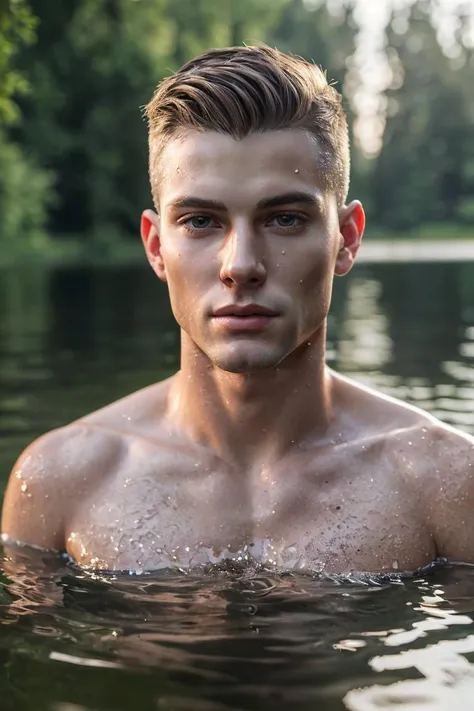 (masterpiece, best quality), Nighttime, alluring, an average young man, slim, short dark blonde hair, beckoning viewer to join, shirtless, standing in water of lake, woods, hyper real, youthful skin, life-like, hyperdetailed, photorealistic, accurate, proportionate, ((detailed realistic skin, life-like detailed realistic face)),
