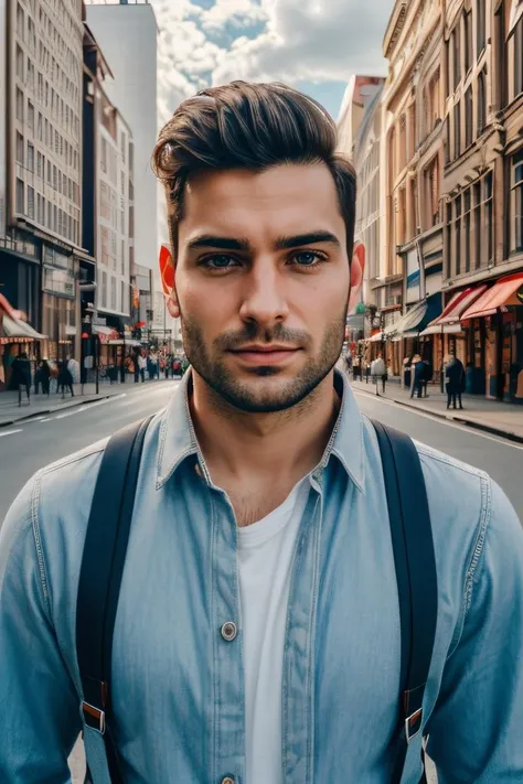 realistic, detailed, best quality, masterpiece, 1 boy, RAW portrait of a man posing for a photo in the middle of a city street, city, centered, facing viewers, day, day time, blue sky, clouds, natural lighting, festive atmosphere, intricate details, detailed background, signs, lights, billboards,