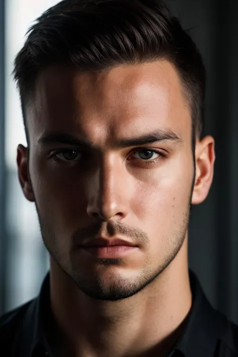 high quality, face portrait photo of 30 y.o european man, wearing black shirt, serious face, detailed face, skin pores, cinematic shot, dramatic lighting