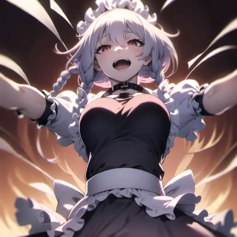 1girl, solo, breasts, looking at viewer, open mouth, close-up, imminent vore, short hair, bangs, simple background, black background, shirt, red glowing eyes, half-closed eyes, dress, hair between eyes, medium breasts, braid, white hair, short sleeves, from below, cowboy shot, frills, outstretched arms, upper body, choker, black gloves, puffy sleeves, belt, fingerless gloves, nail polish, apron, (black dress), twin braids, puffy short sleeves, fingernails, wrist cuffs, maid, maid headdress, red nails, buckle, maid apron, frilled apron, black belt, alternate color, harness, izayoi sakuya, pov, <lora:bigMouthsVore_bigMouthsV1:0.1>