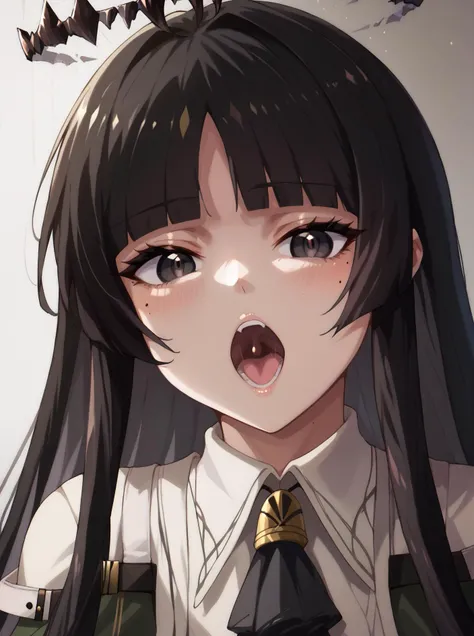 score_9, score_8_up, <lora:virtuosa-arknights_pxl:1>, virtuosa-arknights, <lora:Big_mouths_PonyXL:1>, open mouth, 1girl, solo, black hair, very long hair, mole under eye, multicolored hair, black eyes, blunt bangs,