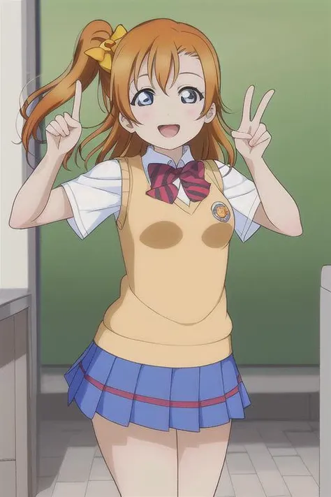 masterpiece, best quality, masterpiece, (1girl), <lora:LLCharV2-8:1>, (LLChar), (kousaka honoka:1.1), (orange hair, one side up, hair bow, yellow bow, blue eyes), standing, (school uniform, pleated skirt, sweater vest:1.4, red bowtie, striped bowtie), happy, peace sign