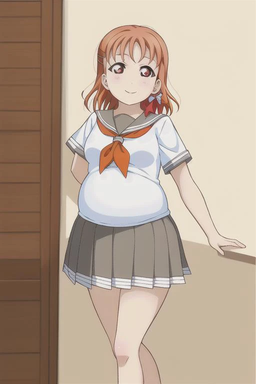 masterpiece, best quality, masterpiece, (1girl), <lora:LLCharV2-8:1>, (LLChar), (takami chika:1.1), (orange hair, red eyes), (pregnant, big belly), (school uniform, pleated skirt, grey skirt, short sleeves, white shirt, red neckerchief), happy, (full body)