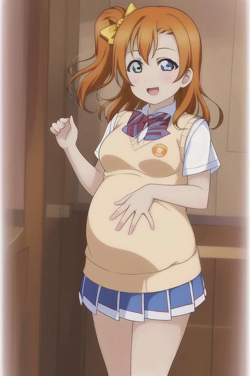 masterpiece, best quality, masterpiece, (1girl), <lora:LLCharV2-8:1>, (LLChar), (kousaka honoka:1.1), (orange hair, one side up, hair bow, yellow bow, blue eyes), (school uniform, pleated skirt, sweater vest:1.4, red bowtie, striped bowtie), pregnant, big belly