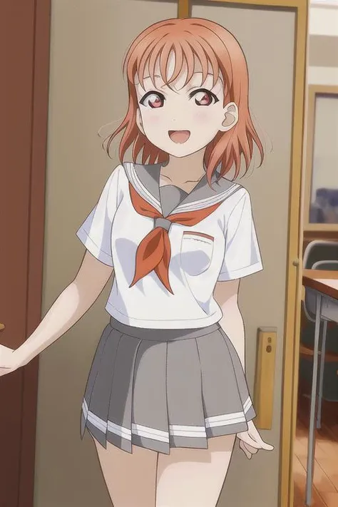 masterpiece, best quality, masterpiece, (1girl), <lora:LLCharV2-8:1>, (LLChar), (takami chika:1.1), (orange hair, red eyes), standing, (school uniform, pleated skirt, grey skirt, short sleeves, white shirt, red neckerchief), happy