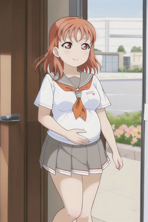 masterpiece, best quality, masterpiece, (1girl), <lora:LLCharV2-8:1>, (LLChar), (takami chika:1.1), (orange hair, red eyes), (pregnant, big belly), (school uniform, pleated skirt, grey skirt, short sleeves, white shirt, red neckerchief), happy, (full body)