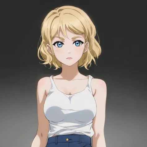 portrait:1.3, middle body shot:1.3,tall, haircut:very short pixie blonde with bangs, blue eyes,looking to viewer:1.3, woman, pose:standing still, arms:laying, hands on waist:1.3, white tank top, blue jeans, big breast, curvy hips, background white, white background:1.3, lighting:dramatic, daytime, masterpiece, pivix, <lora:1.5_perfect hands:1>, <lora:LLChar:1>