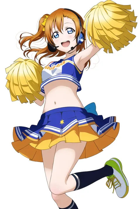 masterpiece, best quality, masterpiece, (<lora:LLChar:1>), LLChar, (kousaka honoka:1.2), (orange hair, blue eyes), white background, simple background, cheerleader, gloves, headset, midriff, open mouth, frilled skirt, navel, smile, pom pom \(cheerleading\), arm up, looking at viewer, bow, crop top, (star tattoo), blush, bare shoulders, kneehighs