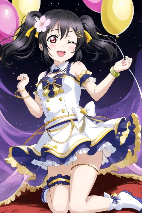 masterpiece, best quality, masterpiece, <lora:LLChar:1>, LLChar, yazawa nico, one eye closed, black hair, twintails, hair ornament, dress, smile, red eyes, star (symbol), open mouth, \m/, white dress, looking at viewer, hairclip, jewelry, ;d, bracelet, flower, bangs, bare shoulders, blush, bow, double \m/, hair bow, balloon, star hair ornament, sparkle, musical note, stuffed toy, hair between eyes, side slit, treble clef, kneeling, stuffed animal, pelvic curtain, teeth, see-through, short twintails, sleeveless, short hair, detached sleeves, hands up, long hair, short sleeves, ribbon, frills, thigh strap, detached collar, upper teeth only, hair flower