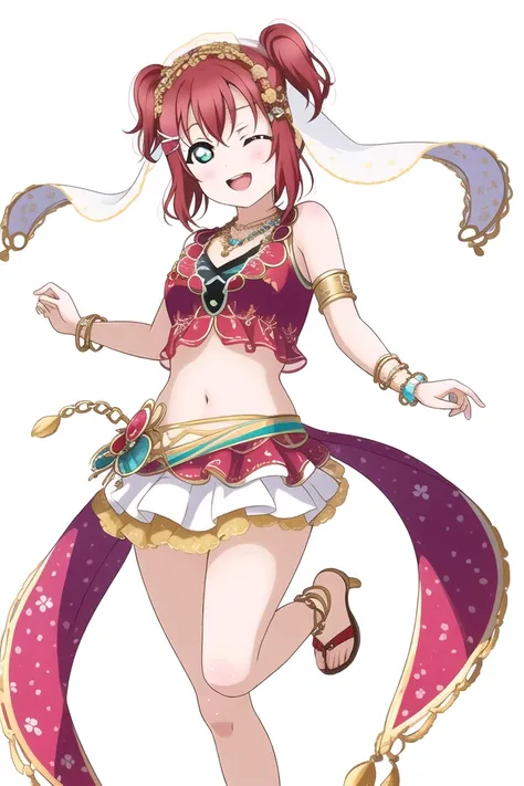 masterpiece, best quality, masterpiece, (<lora:LLChar:1>), LLChar, (kurosawa ruby:1.2), (red hair, aqua eyes), white background, simple background, transparent background, (colorful), (very detailed outfit:1.4), one eye closed, skirt, smile, open mouth, navel, midriff, jewelry, holding, stomach, standing, miniskirt, standing on one leg, leg up, floating hair, crop top, looking at viewer, veil, shiny hair, full body, necklace, sandals, shiny, ribbon, bracelet, bangs, short hair, sleeveless, layered skirt, harem outfit, armlet, dancer, long hair, breasts, hair ornament, shirt, twintails, hair between eyes, pink skirt, high heels, white skirt, blush, head chain, chain, print skirt