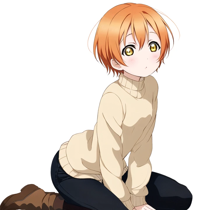 masterpiece, best quality, masterpiece, <lora:LLChar:1>, (LLChar), hoshizora rin, (simple background, white background), orange hair, (short hair:1.2), yellow eyes, cozy, thick sweater, kneeling, full body, flat chest