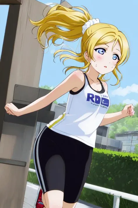 masterpiece, best quality, masterpiece, (1girl), <lora:LLCharV2-8:1>, (LLChar), ayase eli, blue eyes, ponytail, blonde hair, white scrunchie, blush, tank top, leggings, , outdoors, sweating, simple background, running