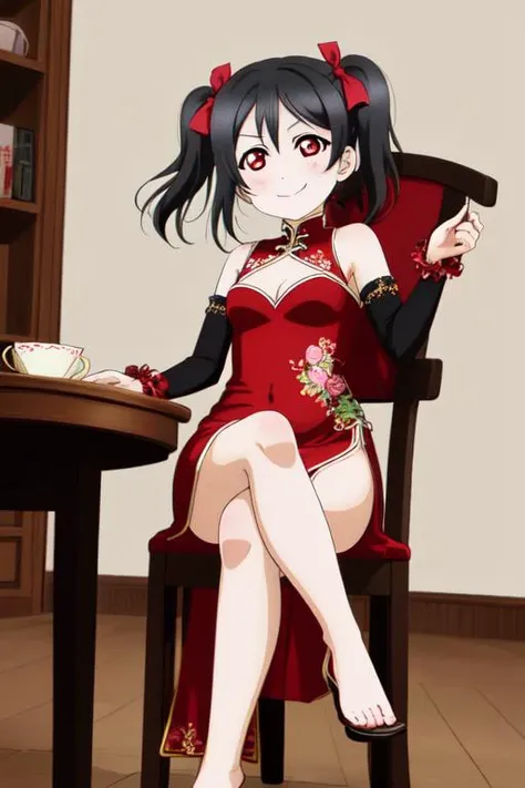 masterpiece, best quality, masterpiece, (1girl), <lora:LLCharV2-8:1>, (LLChar), yazawa nico, black hair, red eyes, twintails, double red ribbon, red china dress, bare shoulders, pelvic curtain, cleavage cutout, crossed legs, smirk, toes, heels,chair, indoors, simple background,