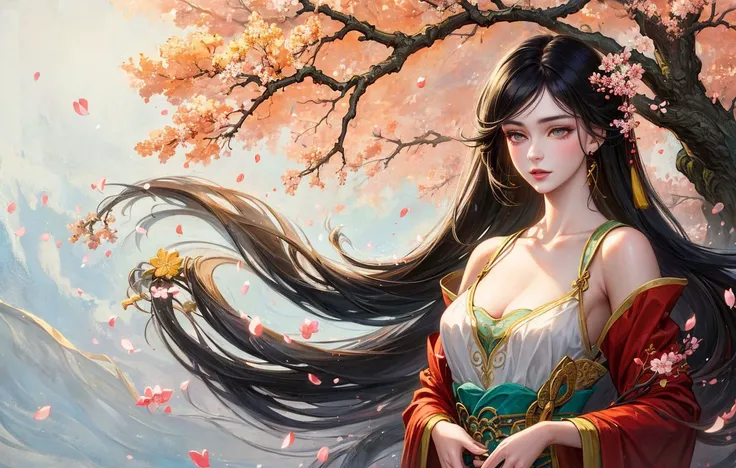 <(masterpiece, realistic:1.3), (extremely intricate:1.2)>,  portrait of a girl, (face:1.2), Floating hair, wind, clouds, sunshine,  light, bangs, face close-up, sky background, oil painting texture, clear hair, light hair, flowers, girls, smiles, bright eyes, single line shoulder, collarbone, shirt, autumn, bare shoulder, bare tree, black hair, branch, cherry blossom, cleavage,coat, (robe:1.21), collarbone, earrings, gray background, hair accessories, Hanfu, Holding a pipe, jewelry, lips, long hair, medium breasts, sitting, solo, tassel, tree, wide sleeves, see through clothes, translucent clothes, silk, Shuke walking horse, negative space, ink painting, standing woman portrait, Willow Branch, (Masterpiece best quality :1.2), traditional Chinese ink painting, model shooting style, peace, looking at the audience, wearing long Hanfu, Song, Willow as background, Ochangshuo, shirt, nsfw whole body, head to toe, natural body, girly feeling, flying hairm,
 <lora:]{u;v2:0.7>