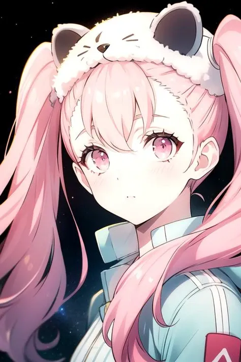 photorealistic, (4k), depth of field, (Masterpiece), (realistic skin texture), extremely detailed, intricate, hyper detailed, high resolution, professional photography, bokeh, depth of field, sharp detail, best quality, looking at viewer, 1girl, solo, <lora:ellie_synduality_noir:0.78>, ellie_synduality_noir, pink hair, pink eyes, long hair, twintails, , , raccoon fur hat, science fiction space western,