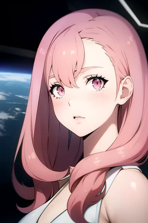 photorealistic, (4k), depth of field, (Masterpiece), (realistic skin texture), extremely detailed, intricate, hyper detailed, high resolution, professional photography, bokeh, depth of field, sharp detail, best quality, , 1girl, solo, <lora:ellie_synduality_noir:0.88>, ellie_synduality_noir, pink hair, pink eyes, long hair, , bangs, pirate costume, space opera,