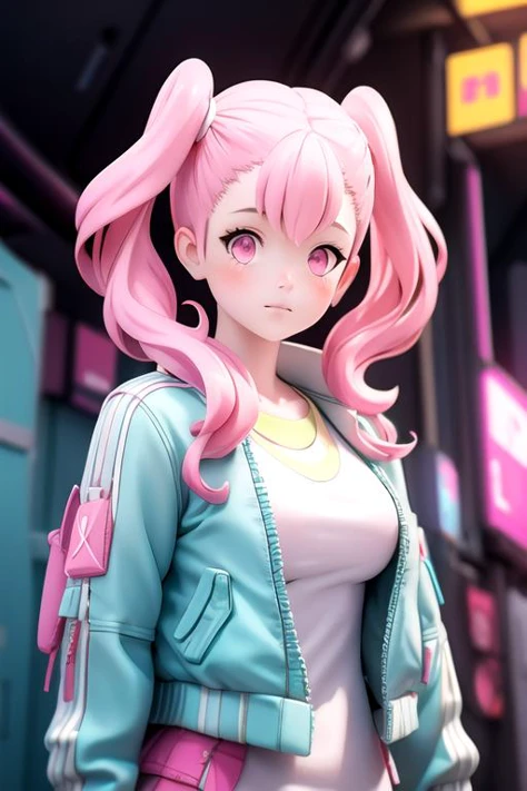 photorealistic, (4k), depth of field, (Masterpiece), (realistic skin texture), extremely detailed, intricate, hyper detailed, high resolution, professional photography, , depth of field, sharp detail, best quality, , 1girl, solo, <lora:ellie_synduality_noir:0.94>, ellie_synduality_noir, pink hair, pink eyes, long hair, , , doll costume, cyberpunk, 12k resolution
