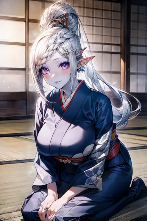best quality, (ultra high resolution:1.2), intricate detailed, official art, (beautiful artwork:1.3), depth of field, cinematic lighting, 1girl, monster girl, elf, solo, (beautiful mature female:1.2), <lora:xvshiva-nvwls-v1:0.85> xvShiva, (blue skin:1.2), lipstick, makeup, detailed beautiful skin, (detailed beautiful face:1.2), detailed beautiful purple eyes, silver hair, long hair, gigantic breasts, thick thighs, wide hips, (kimono:1.3), japanese clothes, wide sleeves, obi, (seiza:1.2), leaning forward, touch the floor, indoors, japanese hotel, ryokan, <lora:add_detail:0.7> <lora:boldline:-0.9> <lora:Kimonos:0.65:0.6>
