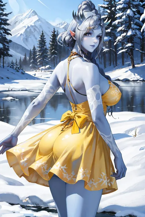 masterpiece, best quality, <lora:xvshiva-nvwls-v1-000009:0.9 > xvShiva, blue skin, (yellow sundress:1.5), from behind, large breasts, snow, ice, frozen lake