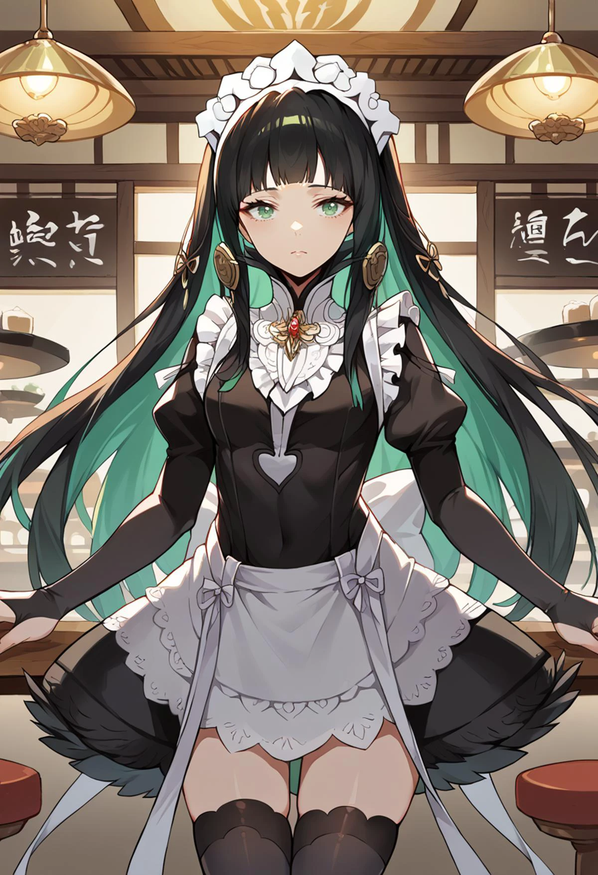 score_9, score_7_up, source_anime, BREAK solo, <lora:wrenchqupgr:1> wrnchqupgr, green eyes, black hair, multicolored hair, <lora:fatesmaid-fe-richy-v1_pdxl:0.8> fates maid, maid headdress, maid apron, bridal gauntlets, black thighhighs, cafe,