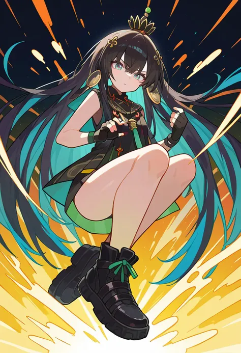 score_9, score_7_up, source_anime, BREAK solo, <lora:wrenchqupgr:1> wrnchqupgr, black hair, multicolored hair, fingerless gloves, black footwear,