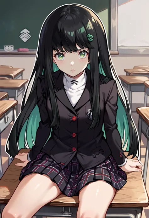 score_9, score_7_up, source_anime, BREAK solo, <lora:wrenchqupgr:1> wrnchqupgr, green eyes, black hair, multicolored hair, <lora:ChamShuujinAcademyUniformPonyXL:1> GirlUniform, shuujin academy school uniform, black jacket, plaid skirt, classroom, sitting, school desk, outstretched legs,