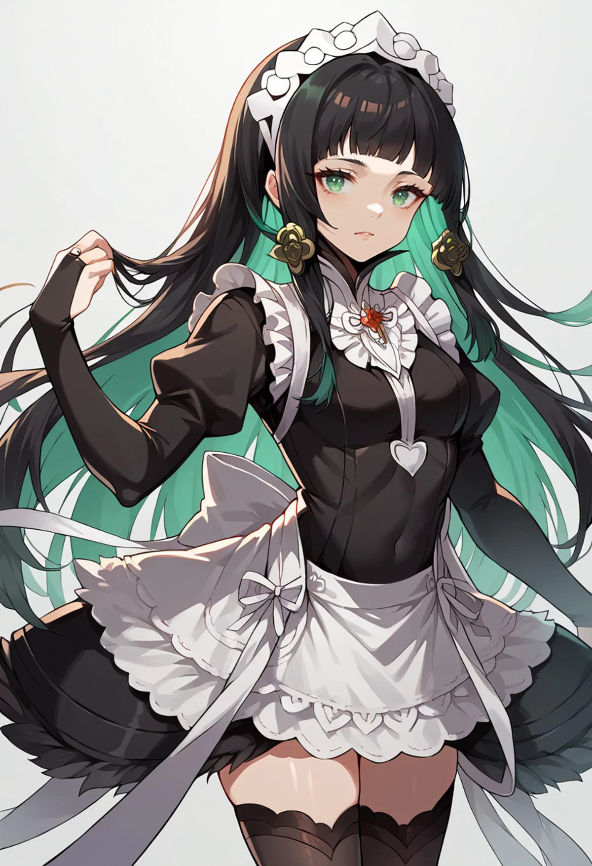 score_9, score_7_up, source_anime, BREAK solo, <lora:wrenchqupgr:1> wrnchqupgr, green eyes, black hair, multicolored hair, <lora:fatesmaid-fe-richy-v1_pdxl:0.8> fates maid, maid headdress, maid apron, bridal gauntlets, black thighhighs,