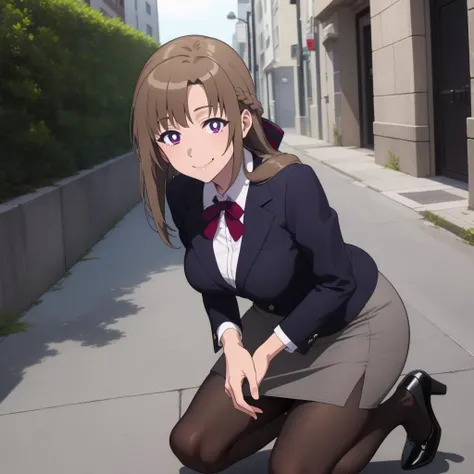 <lora:Mamako_Oosuki:0.6> mamako_oosuki, long hair, brown hair, purple eyes, mature female, large breasts, bright pupils, ribbon, (grey pantyhose:1.1), purple suit, skirt, side slit, pencil skirt, looking at viewer, smile, kneeling, street, paper, picking up, masterpiece, best quality, highres, <lora:GoodHands-vanilla:1> nice hands, perfect hands