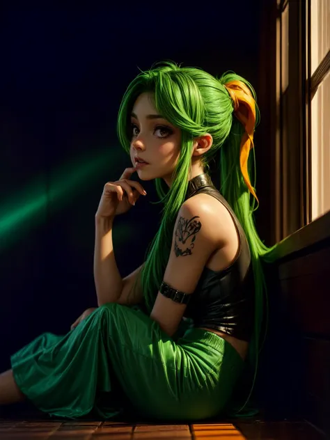 AS-MidAged, SFW, 1girl, medium-angle full length picture of a gorgeous ((((Absurdly Long Hair, Short Ponytail, Split-color Hair, Light Green Hair, Orange Hair)))) [1Girl, Mature female, Adult:Aubrey Plaza:0.65],  with (skinny) , Twinset, Culottes, , ((round eyes)) (((red eyes))), makeup, cat eyelashes, tall body, tattoo on her right calf, (((From Side, Looking At Viewer, Disgust, Narrowed eyes,  Hands Between Legs, on Knees, Powerplant))), bright cinematic rim lighting, studio lighting, volumetric lighting, ((portrait photography by O. Winston Link using a Sony a7 IV Mirrorless Camera)), sharp focus, dynamic angle, finely detailed skin, eyelines, Instagram most viewed, official wallpaper, ((ultra-photorealistic)), bright vivid colors, ((supermodel)) <lora:more_details:1><lora:LowRA:0.7>