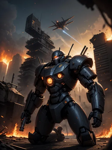 masterpiece, best quality, mecha, no humans, black armor, blue eyes, science fiction, fire, laser canon beam, war, conflict, destroyed city background