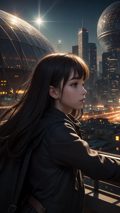 best quality, masterpiece, extremely detailed, detailed background, anime, 1girl, young girl, short girl, sci-fi, science fiction, outdoors, night, starry sky, greenhouse, megastructure, bio-dome, landscape, scenery, horizon, rooftop, sitting on rooftop, wind, looking away, atmospheric lighting, solo focus, close up, from side, depth of field, bokeh