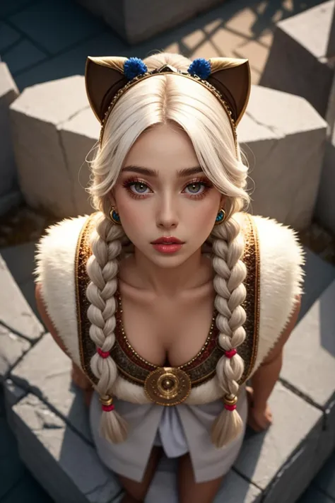 focus on torso, photo of a Egyptian female, white hair, twin braids, <lora:curly_hair_slider_v11:3>, big lips, colorful makeup, Clamshell Lighting, Crystalline Clarity
(view from above:1.4)