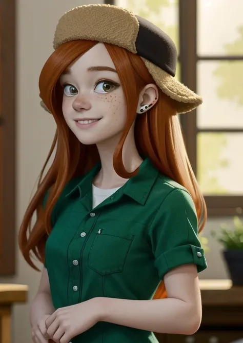 <lora:wendy_corduroy:0.6>, wendy corduroy,  masterpiece, best quality, 1girl, solo, hat, long hair, shirt, smile, orange hair, freckles, earrings, jewelry, green shirt, collared shirt, indoors,