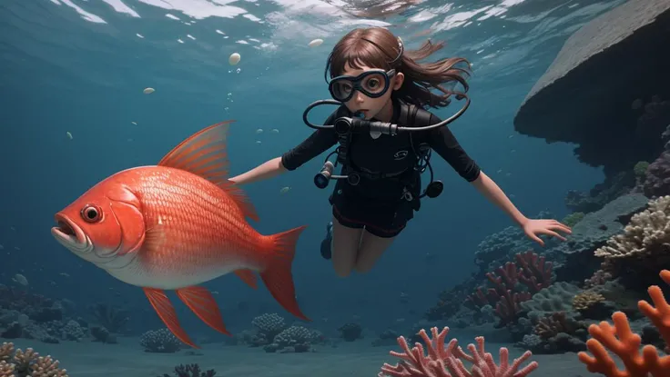 Two little kids in scuba suits with manuals exploring under the sea, Detailed details, masterpiece, defocus ::-0.5 High contrast, UHD --auto --s2