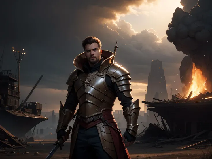 volumetric cinematic lighting, (highly detailed:1.4), digital painting, octane render, artstation, concept art, smooth, sharp focus, full body 8k unity render, action shot, realistic reflections, cinematic composition, solo, guilliman, detailed armor, detailed face, bronze details, weapon details, intricate ornamented, full armor, iron halo, holding sword, short blonde hair, blue eyes, skin pores, rugged, bloody armor, brooding, looking over the horizon, standing behind a destroyed space station, meteor fall background, particles floating, cloudy ash sky, very dark lighting, light from fire, heavy shadows, storm,