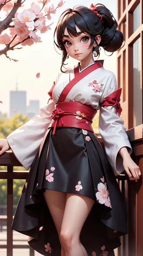 (full body), masterpiece, ultra realistic, 32k, extremely detailed CG unity 8k wallpaper, best quality, soft lighting, solo, ponytail, kamisato ayaka (heytea), official art, official alternate costume, kamisato ayaka, blunt bangs, hair bow, hair ribbon, red ribbon, red kimonos, flower, tree, outdoors, cherry blossoms, 1girl, black bow, cate <lora:kimono_copax_v1:0.5>, __*/Random__