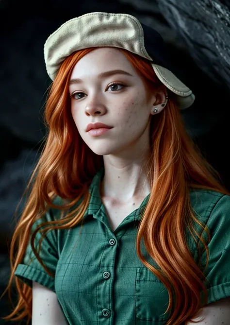 <lora:wendy_corduroy:0.6>, wendy corduroy, masterpiece, best quality, 1girl, solo, hat, long hair, shirt, worried, orange hair, freckles, earrings, jewey, green shirt, collared shirt, in a cave, <lora:epiNoiseoffset_v2-pynoise:1> <lora:add_detail:1> lr