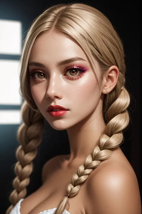 focus on torso, photo of a Egyptian female, white hair, twin braids, <lora:curly_hair_slider_v11:3>, big lips, colorful makeup, Clamshell Lighting, Crystalline Clarity