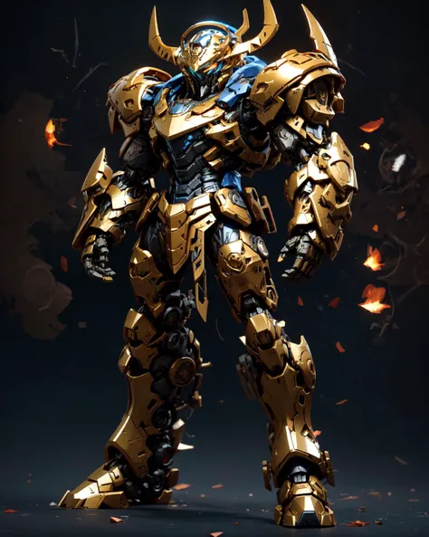 full_body photo of mecha, headgear, (glowing eyes),  
azure_color armor, golden_brown reflected armor, covered in full silver armor, arknights, wearing thunder armor, intricate assasin mecha armor, greek god in mecha style, grimdark paladin,  
(big muscular:1.3),
(dynamic_pose, action:1.4),
volumetric light, mechanical parts, robot joints,  joint glow,
strong wind, light particles, bokeh, messy background, cyberpunk, (detailed, best quality:1.4), realistic <lora:mecha_offset:0.9>, <lora:AMechaSSS[color_theme,mecha musume, mechanical parts,robot joints,headgear]:0.9>, <lora:QuickHandV2:0.6> QuickHands