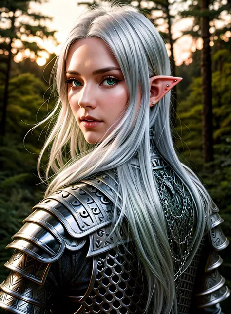 close portrait shot from behind, gorgeous female elf with silver hair and piercing green eyes looking over her shoulder, wearing chain mail armor, sunset, forest in the background ((high contrast)) high detail, sharp focus, shallow depth of field, 8k, model photography, award winning photography, sharp focus, high definition, high detail