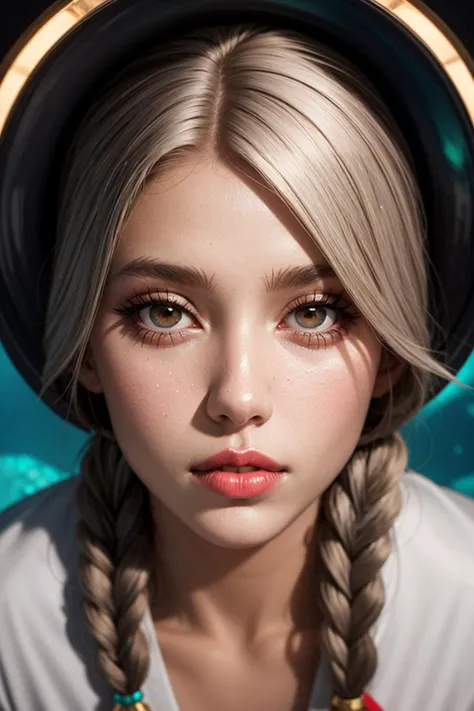 focus on torso, photo of a Egyptian female, white hair, twin braids, <lora:curly_hair_slider_v11:3>, big lips, colorful makeup, Clamshell Lighting, Crystalline Clarity
(view from above:1.4)