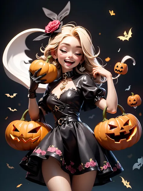 best quality, masterpiece, extremely detailed, detailed background, best quality, masterpiece, extremely detailed, detailed background, 1girl, candy, purple eyes, hair ornament, gloves, multiple boys, halloween, flower, holding food, black gloves, long hair, holding, ghost, blonde hair, animal ears, brown hair, dress, black cat, orange background, blue hair, short sleeves, jack-o'-lantern, ghost costume, puffy short sleeves, halloween costume, chibi, puffy sleeves, bow, striped, red hair, witch hat, skirt, wings, broom, rose, hat, looking at viewer, bangs, red eyes, striped skirt, jewelry, holding candy, hair bow, broom riding, choker, cat, blush, holding vegetable, hair flower, frills, wolf ears, rabbit ears, heart, earrings, holding lollipop, halloween bucket, swirl lollipop, purple flower, white skirt, 4girls, hair rings, smile, open mouth, ahoge, cape, cross, closed eyes, double bun, pumpkin, black choker, twintails, black flower, shirt, simple background, vertical stripes, very long hair, wolf tail, collar, vertical-striped skirt