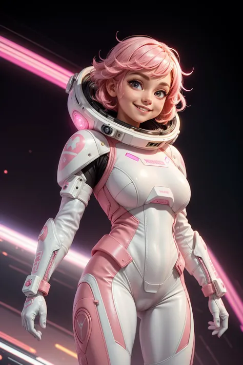 abstract background,(illustration:1),masterpiece,best quality,
((white and pink leather futuristic spacesuit)), neon lit, (smiling), 1girl, pink hair, wavy hair, a white parts of mechanical female, looking at viewer, soft colors, black background, (cameltoe:0.9),
<lora:more_details:0.5> ,