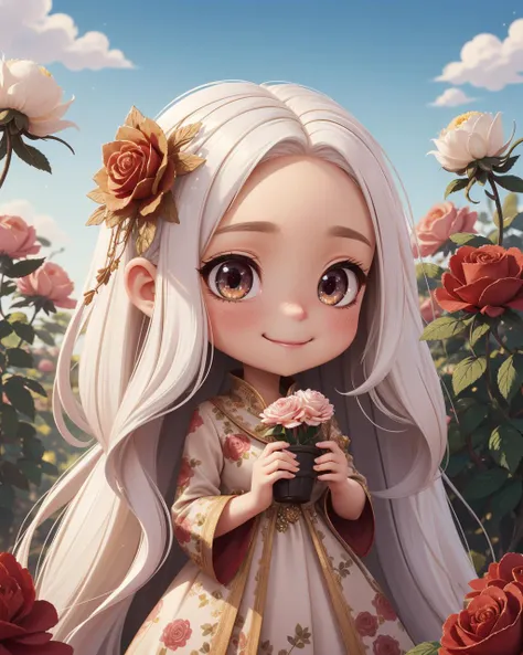detailed background, masterpiece, best quality, mksks style, 1girl, long white hair, (forehead:1.1), green eyes, large eyes, blush, facing viewer, smile, impressive, warm, chibi, righteous, wholesome, looking at viewer, outdoors, lycoris flower, rose, gold flowers, solar, star \(sky\)