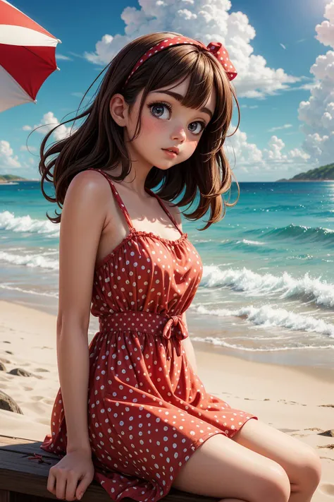 abstract background,(illustration:1),masterpiece,best quality,
detailed face and eyes,1 girl, red and white polka dot sundress, beach, clouds ,beauty,
<lora:more_details:0.5> ,