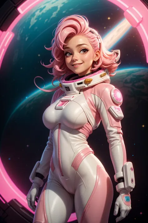 abstract background,(illustration:1),masterpiece,best quality,
((white and pink leather futuristic spacesuit)), neon lit, (smiling), 1girl, pink hair, wavy hair, a white parts of mechanical female, looking at viewer, soft colors, black background, (cameltoe:0.9),
<lora:more_details:0.5> ,