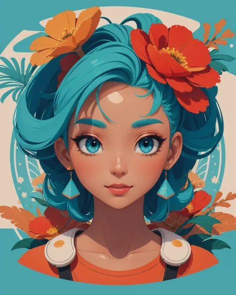 (masterpiece:1.0), (highest quality:1.12), (HDR:1.0), flat color, high contrast, time stop, merging colors, gradient, flat icon, toon, 1girl, hair ornament, 90's, (plants), professional, abstract shape background, pattern, spunk, retro, (electric, wave:0.9), style, (tan skin), coral, aqua