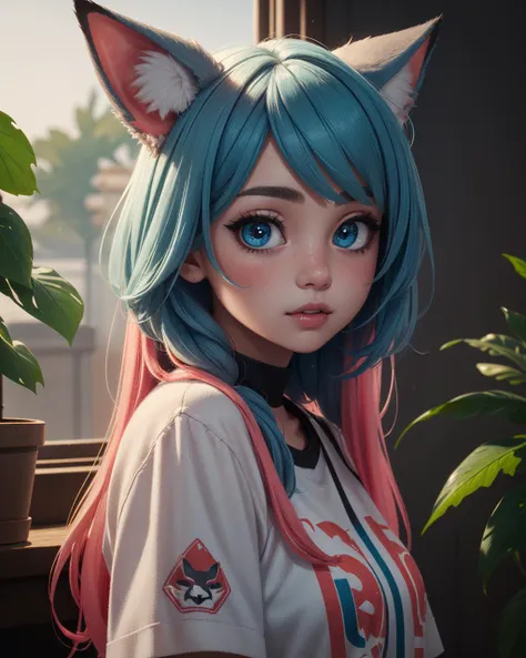 (masterpiece:1.1), (highest quality:1.1), (HDR:1.0), (real focus:1.2), (colored:1.3), a cute girl, detailed face and eyes, solo, fox ears, neon hair, muted color, neon coral, plants, (luminous:1.2), visible (righteous)