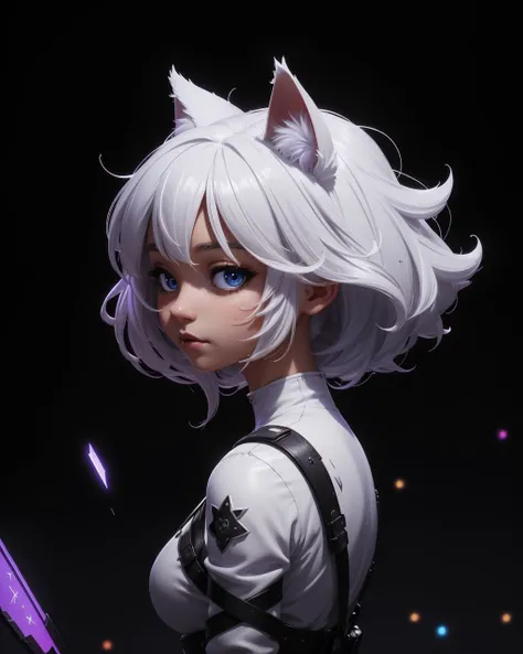(masterpiece:1.1), (highest quality:1.1), (HDR:1.0), negative space, black background, (ultra-detailed, immaculate:1.3), epic, illustration, 1girl, (resourceful:1.3) cute catgirl, [:costume design:0.2], official art, dramatic violet lighting from above, in a wonderful, African megacity, messy hair, glowing white hair, medium hair, from side