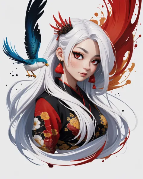 (masterpiece:1.1), (highest quality:1.1), (HDR:1.0), (illustration), looking at viewer, colorful, from side, ((chinese colorful ink)), flat color, (phoenix:1.5,bird:1.3), sunset, standing on a building, (1girl:1.2), detailed long white hair + red eyes, detailed face, full body, (white hair:1.4), (mole under eye:0.7), squinting, eyeshadow, hair ornament, ((kimono)), cold face, long floating hair, hair over one eye\\, (portrait), ((ink splashing)), ((chinese colorful ink)), ((Chinese color ink painting style)), upper body, (white hair +red eyes), (cute face:0.75), (detailed beautiful face:0.75), colorful painting, (Floating), (Amazing), (Absurd), ((sharp focus)), ((extremely detailed)), ((high saturation)), ((surrounded by color ink splashes)), ((extremely detailed body)), ((colorful))